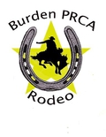 Burden PRCA Rodeo logo, a horse shoe with a cowboy riding a horse